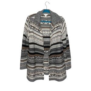J. Jill Gray & White Chunky Knit Striped Wool Alpaca Blend Open Front Cardigan